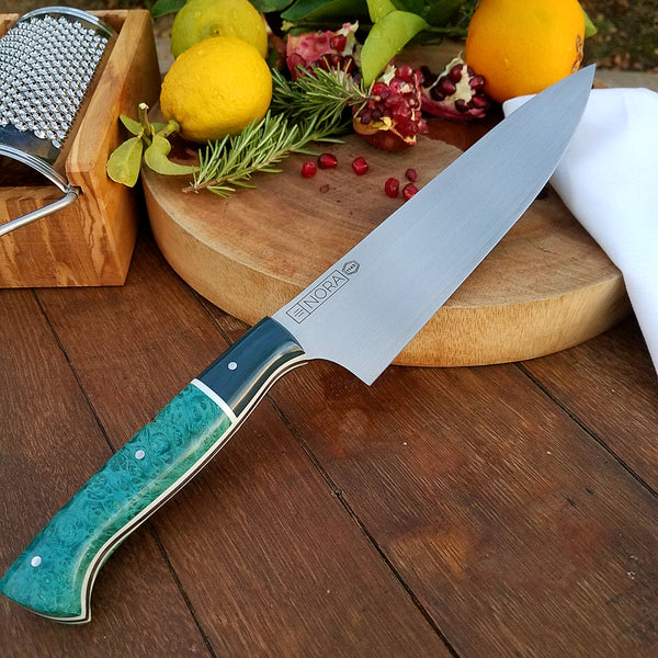 Chef #1101 - 52100 Carbon Steel - Teal Dots – Nora Knives