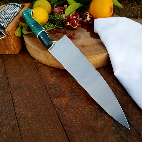 Chef #1101 - 52100 Carbon Steel - Teal Dots – Nora Knives