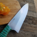 NORA #1515 - 7.5" Chef - 01 Carbon Steel - HARD USE - Teal Blue Fiddleback Maple