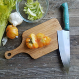 NORA #1515 - 7.5" Chef - 01 Carbon Steel - HARD USE - Teal Blue Fiddleback Maple