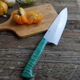 NORA #1515 - 7.5" Chef - 01 Carbon Steel - HARD USE - Teal Blue Fiddleback Maple