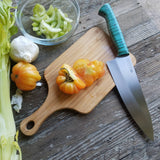 NORA #1515 - 7.5" Chef - 01 Carbon Steel - HARD USE - Teal Blue Fiddleback Maple