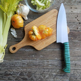 NORA #1515 - 7.5" Chef - 01 Carbon Steel - HARD USE - Teal Blue Fiddleback Maple