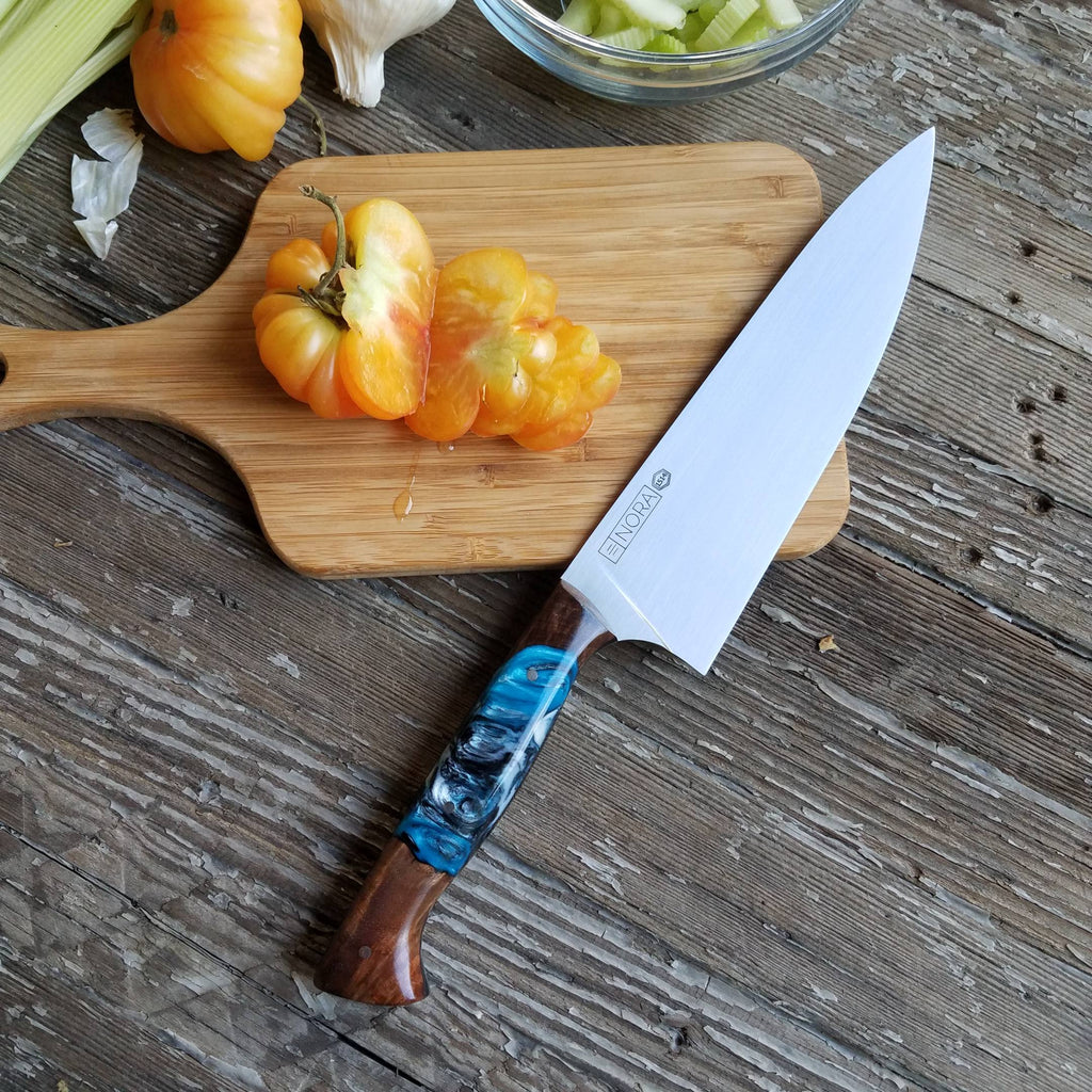 NORA #1514 - 7.5" Chef - 01 Carbon Steel - LASER - Witte Teal Shokwood
