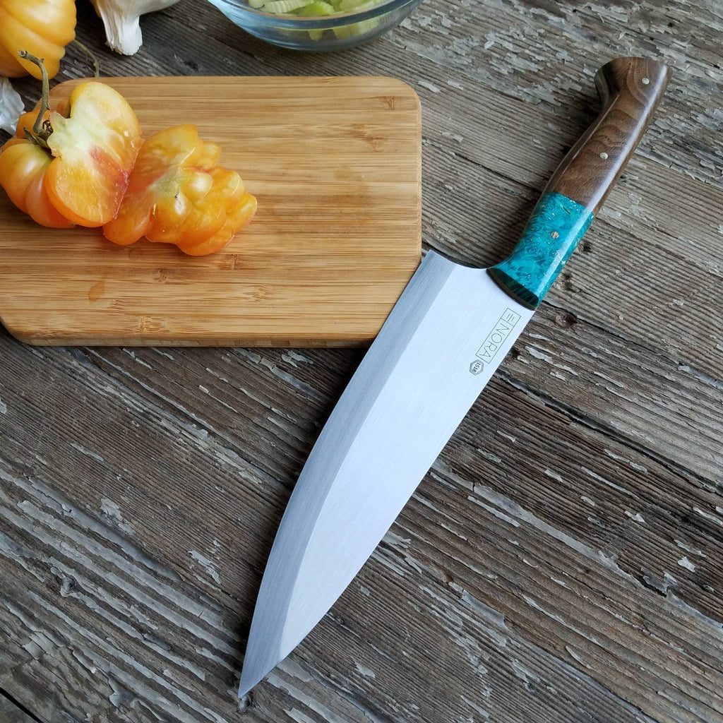 NORA #1518 - 7.5" Deba - 01 Carbon Steel - Walnut & Teal Blue Box Elder