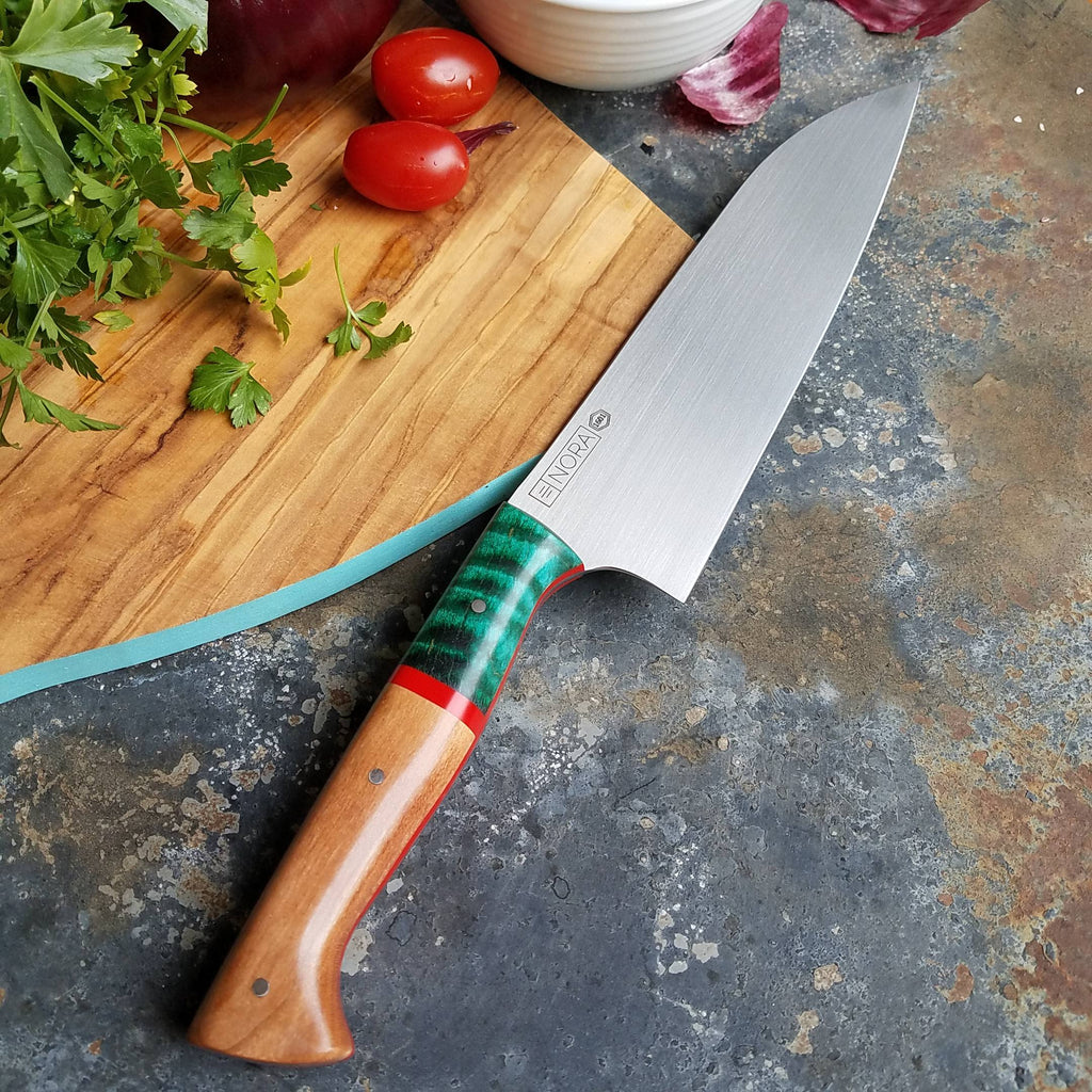 BF2019 - NORA #1601 - 7.5 Santoku - Dyed Curly Maple & Cherry Wood