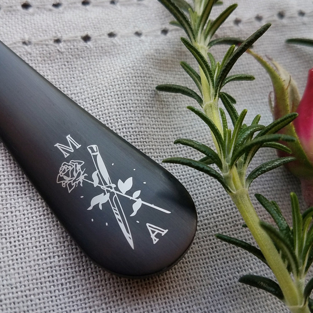 Custom Flatware 'Blade & Bloom' Sweetheart Set - Stainless Steel Black PVD Flatware